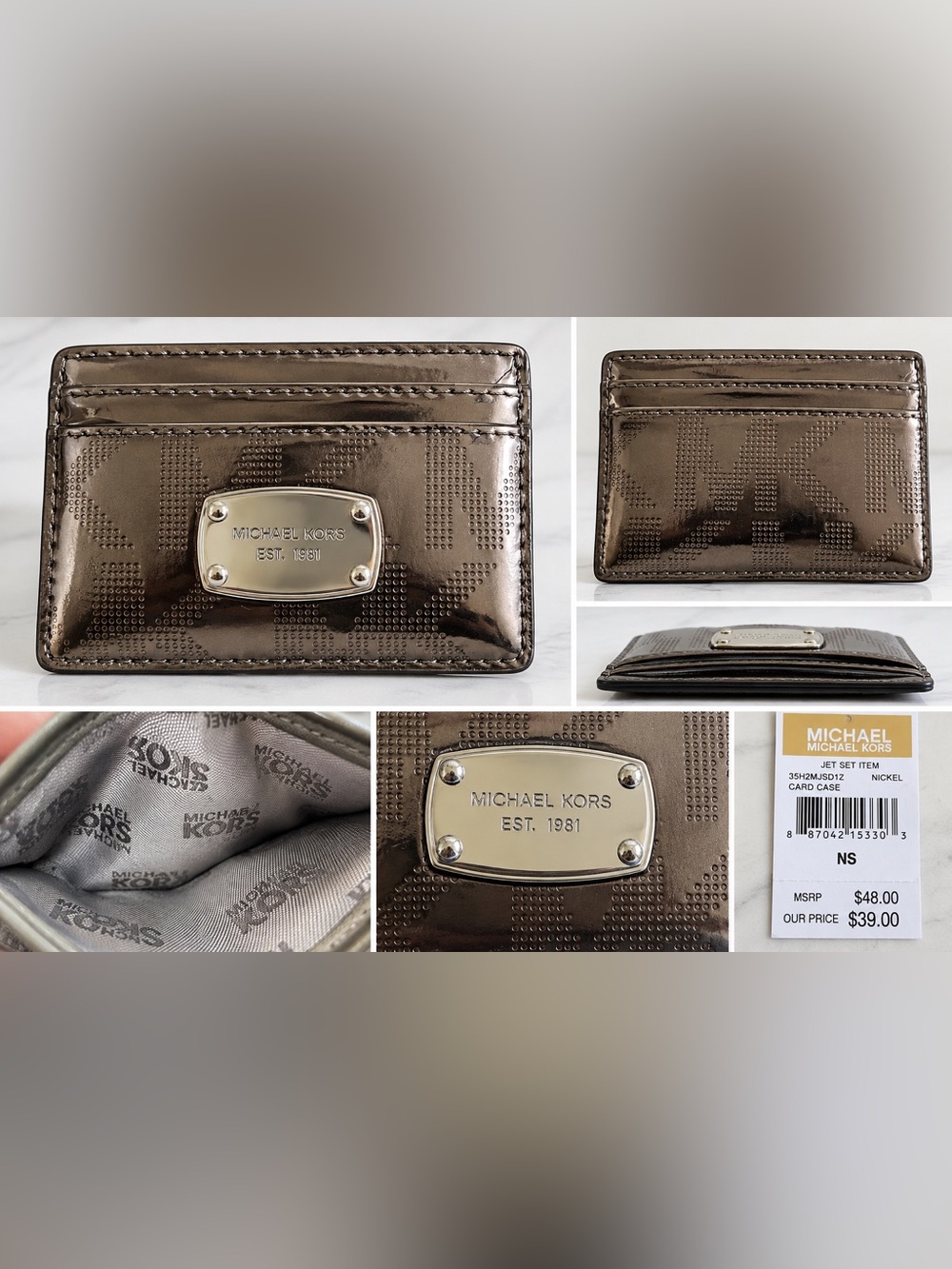 Michael Kors Jet Set Item Nickel Metallic MK Logo Card Case NWT 35H2MJSD1Z